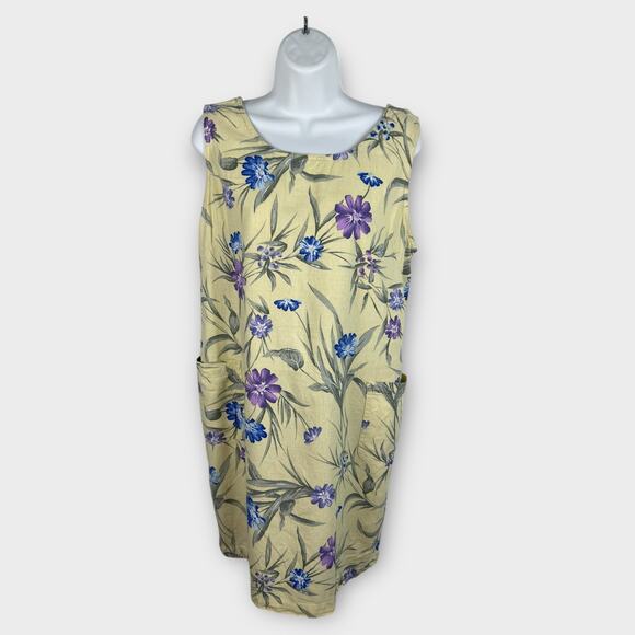 90s Erika Collection Yellow Shift Sleeveless Floral Linen Dress Pockets M/12 - Picture 1 of 6